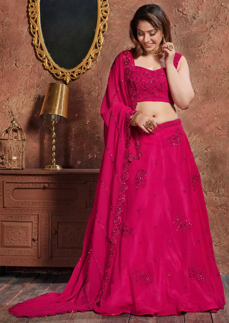 Marvelous Rani Pink Zari, Sequins, and Dori Embroidered Georgette Semi Stitched Lehenga