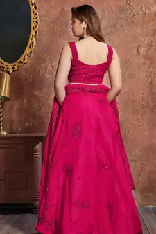 Marvelous Rani Pink Zari Sequins And Dori Embroidered Georgette Semi Stitched Lehenga
