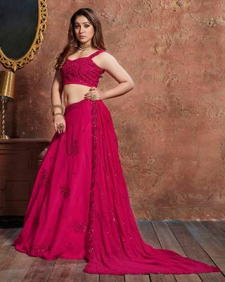 Marvelous Rani Pink Zari Sequins And Dori Embroidered Georgette Semi Stitched Lehenga 3