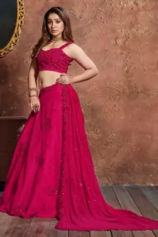 Marvelous Rani Pink Zari Sequins And Dori Embroidered Georgette Semi Stitched Lehenga