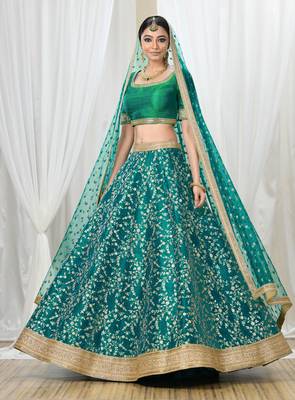 Soothing Turquoise Embroidered Art Silk Semi Stitched Wedding Lehenga 1