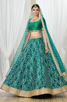 Soothing Turquoise Embroidered Art Silk Semi Stitched Wedding lehenga