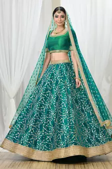Soothing Turquoise Embroidered Art Silk Semi Stitched Wedding lehenga