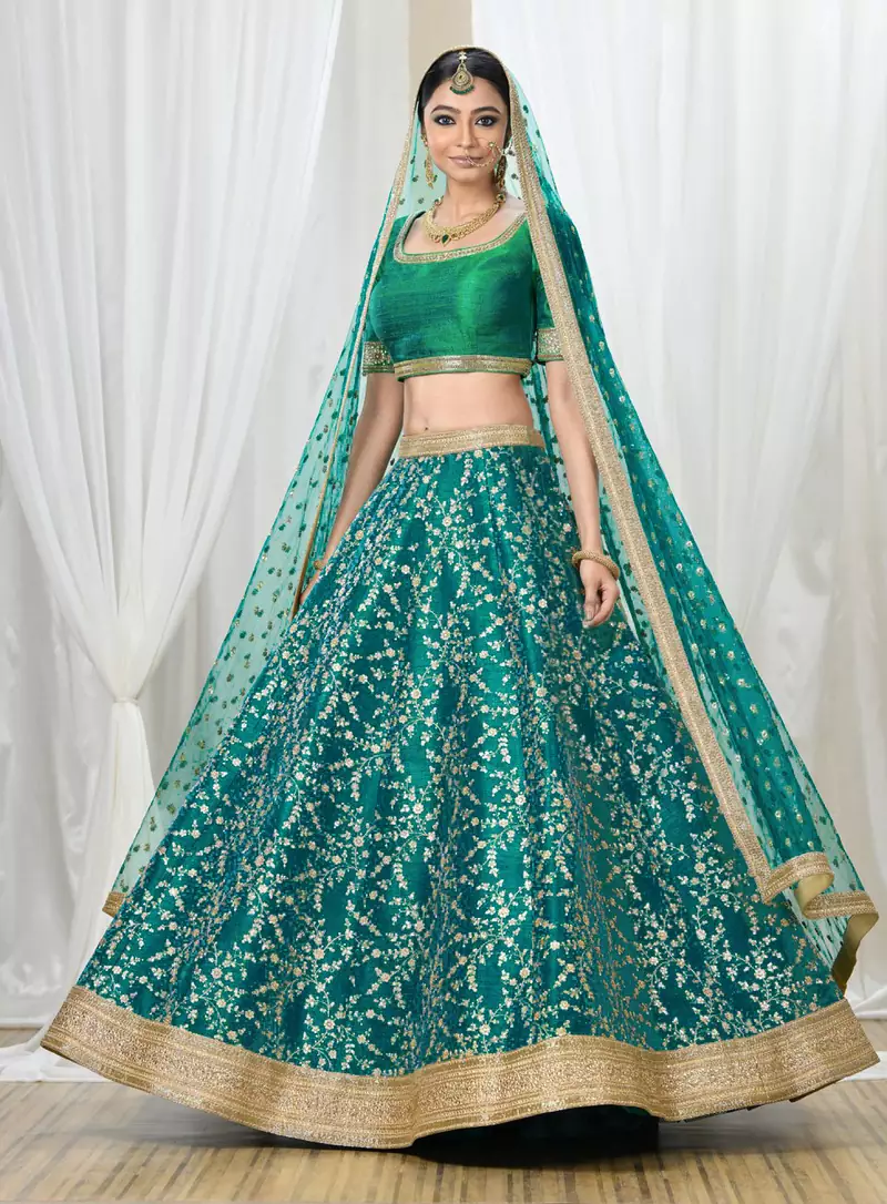 Soothing Turquoise Embroidered Art Silk Semi Stitched Wedding lehenga
