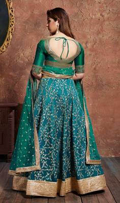 Soothing Turquoise Embroidered Art Silk Semi Stitched Wedding Lehenga 2