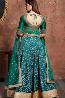 Soothing Turquoise Embroidered Art Silk Semi Stitched Wedding Lehenga