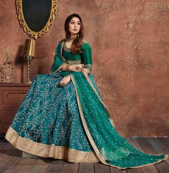 Soothing Turquoise Embroidered Art Silk Semi Stitched Wedding Lehenga 3