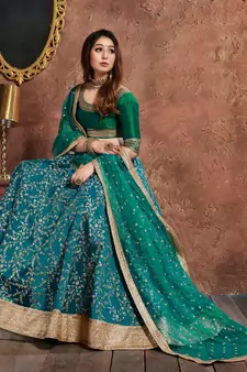 Soothing Turquoise Embroidered Art Silk Semi Stitched Wedding Lehenga