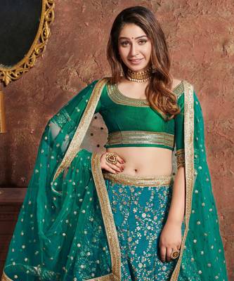 Soothing Turquoise Embroidered Art Silk Semi Stitched Wedding Lehenga 4