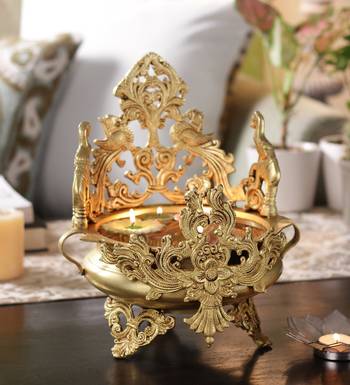 Brass Ethnic Peocock and Elephant Carving Design Brass Urli 1