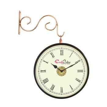 Metal Analog Round Dual Dial Hanging Station Wall Clock ( Copper | Dial Size: 8 inch , size: 15*12 inch ) 1