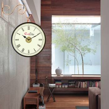 Metal Analog Round Dual Dial Hanging Station Wall Clock ( Copper | Dial Size: 8 inch , size: 15*12 inch ) 2