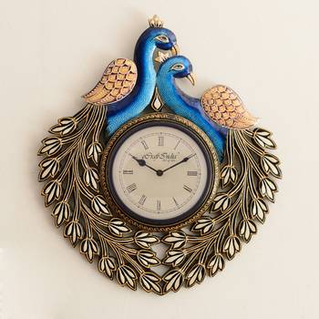 Decorative Twin Peococks Antique Wooden Handcrafted Wall Clock 1