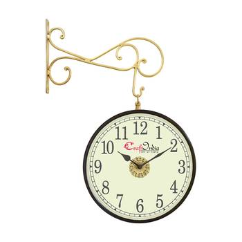 Metal Analog Round Dual Dial Hanging Station Wall Clock ( Brass | Dial Size: 10 inch , size: 18*14 inch ) 1