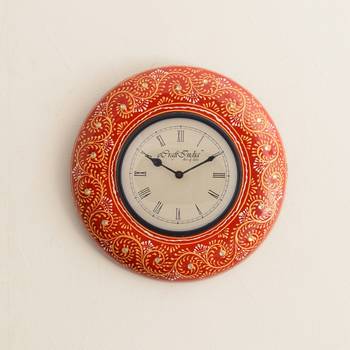 Colorful Floral Art on Red Antique Wooden Handcrafted Wall Clock 1