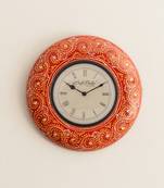 Colorful Floral Art on Red Antique Wooden Handcrafted Wall Clock