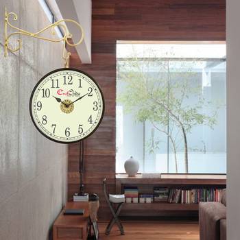 Metal Analog Round Dual Dial Hanging Station Wall Clock ( Brass | Dial Size: 10 inch , size: 18*14 inch ) 2