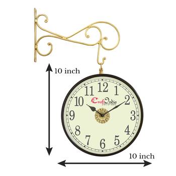 Metal Analog Round Dual Dial Hanging Station Wall Clock ( Brass | Dial Size: 10 inch , size: 18*14 inch ) 3