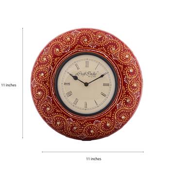 Colorful Floral Art on Red Antique Wooden Handcrafted Wall Clock 3
