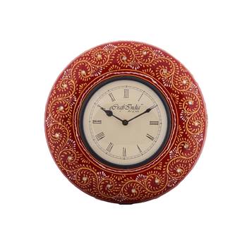 Colorful Floral Art on Red Antique Wooden Handcrafted Wall Clock 4
