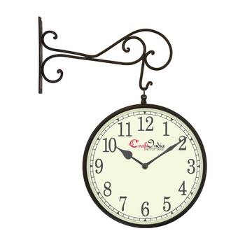 Metal Analog Round Dual Dial Hanging Station Wall Clock ( Black | Dial Size: 10 inch , size: 18*14 inch ) 1