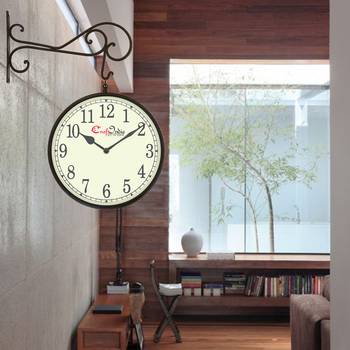 Metal Analog Round Dual Dial Hanging Station Wall Clock ( Black | Dial Size: 10 inch , size: 18*14 inch ) 2