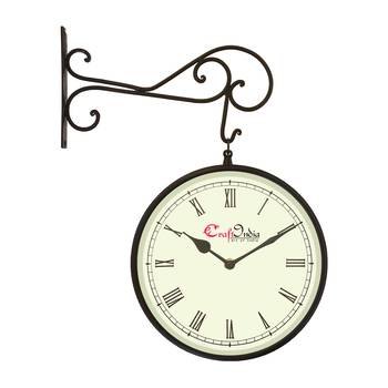 Metal Analog Round Dual Dial Hanging Station Wall Clock ( Black | Dial Size: 10 inch , size: 18*14 inch ) 1