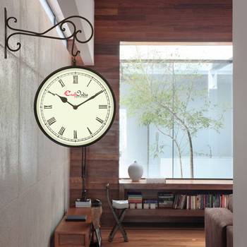 Metal Analog Round Dual Dial Hanging Station Wall Clock ( Black | Dial Size: 10 inch , size: 18*14 inch ) 2