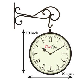 Metal Analog Round Dual Dial Hanging Station Wall Clock ( Black | Dial Size: 10 inch , size: 18*14 inch ) 3