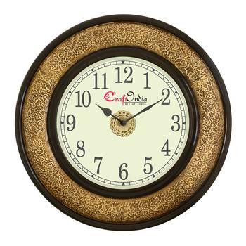 Wooden Analog Round Metal Carving Wall Clock ( Golden, Black | size: 16*16 inch ) 1