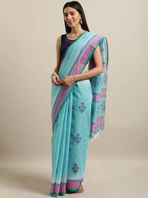 Sky blue printed cotton saree with blouse 1