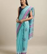 Sky blue printed cotton saree with blouse