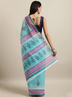 Sky blue printed cotton saree with blouse 2