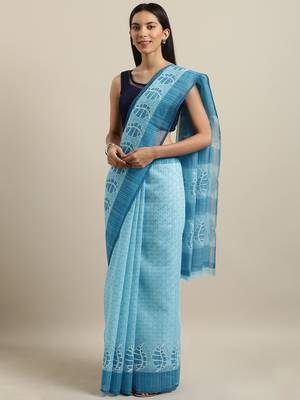 Blue printed cotton saree with blouse 1