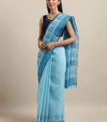 Blue printed cotton saree with blouse