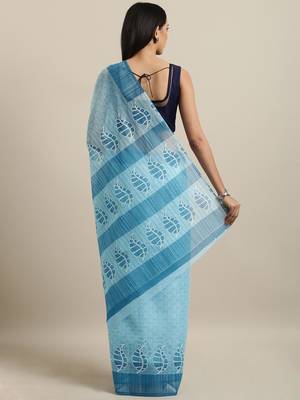 Blue printed cotton saree with blouse 2
