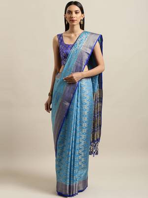Blue woven silk blend saree with blouse 1