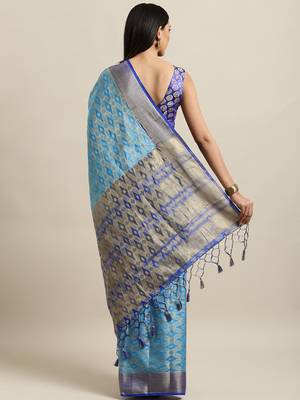 Blue woven silk blend saree with blouse 2
