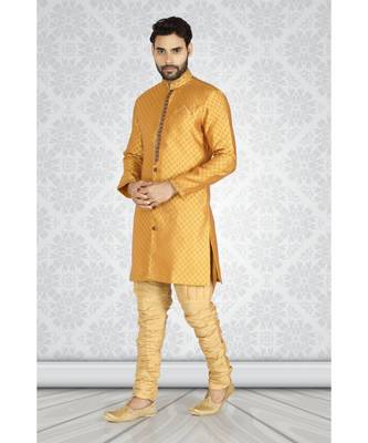 Mustard  Jacquard Semi  Indowestern With Stylish  Embroidery In The Front  With Embroidered Buttons 1