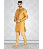 Mustard  Jacquard Semi  Indowestern With Stylish  Embroidery In The Front  With Embroidered Buttons