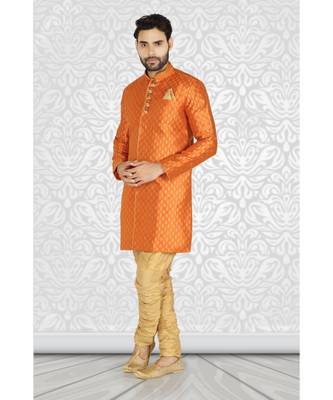 Mustard  Jacquard Semi  Indowestern With Embroidered Buttons And Collar 1