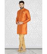 Mustard  Jacquard Semi  Indowestern With Embroidered Buttons And Collar
