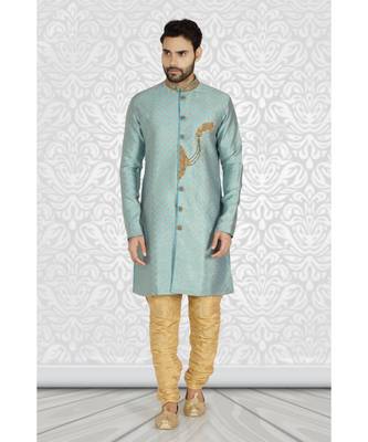 Blue  Jacquard Semi  Indowestern With Stylish  Embroidery In The Front And In The Collar And With Embroidered Buttons 1