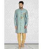 Blue  Jacquard Semi  Indowestern With Stylish  Embroidery In The Front And In The Collar And With Embroidered Buttons