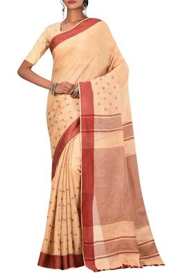 Beige Woven Pure Bhagalpuri Linen Saree With Blouse 1
