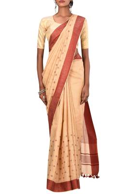 Beige Woven Pure Bhagalpuri Linen Saree With Blouse 2