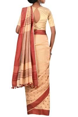 Beige Woven Pure Bhagalpuri Linen Saree With Blouse 3