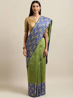 Green woven silk blend saree with blouse 1