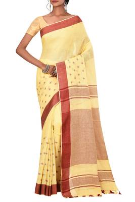 Yellow Woven Pure Bhagalpuri Linen Saree With Blouse 1