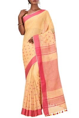 Light Orange Woven Pure Bhagalpuri Linen Saree With Blouse 1